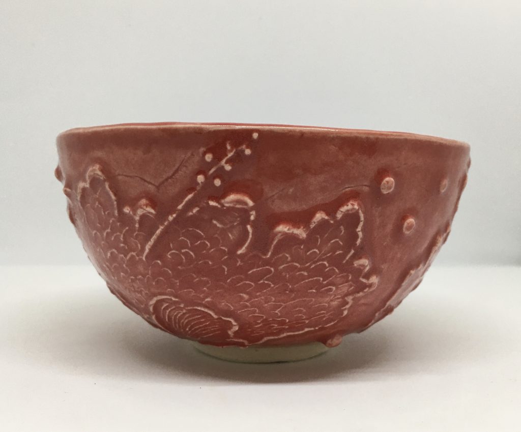 Brown and Red Carved Floral Pottery Dish